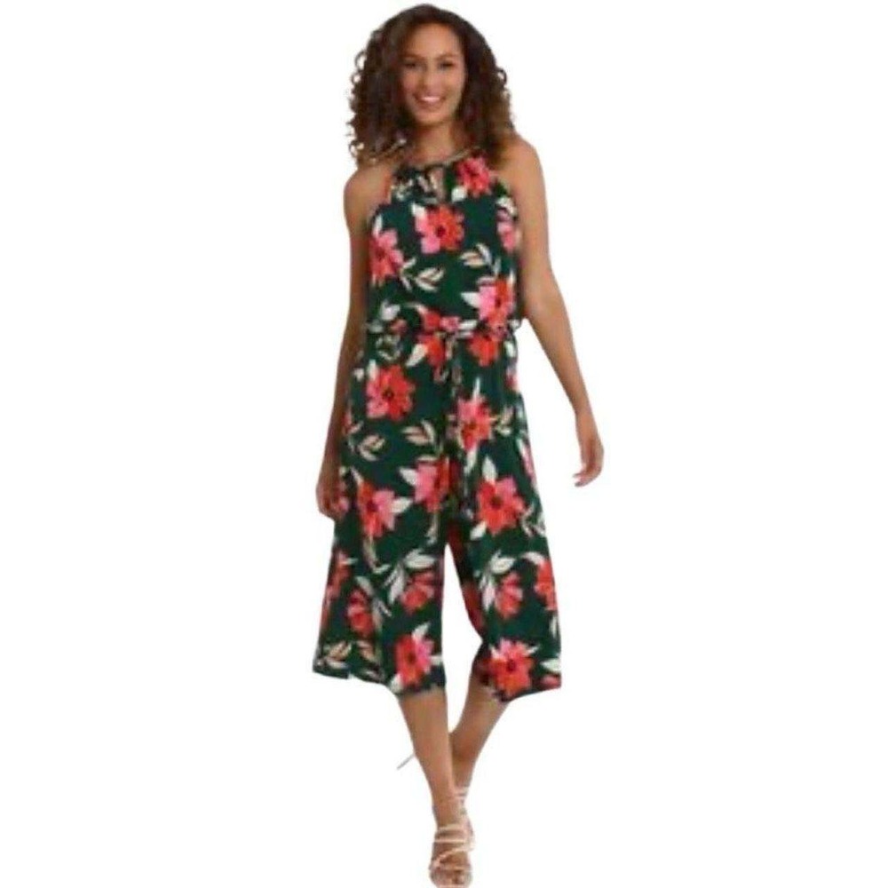 Maggy London Floral High Neck Wide Leg Cropped Jumpsuit